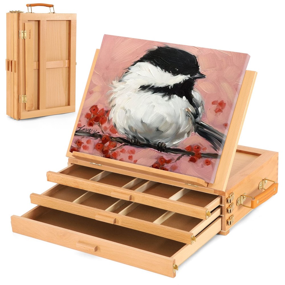 Large Tabletop Easel with 3 Storage Drawers, Adjustable Beech Wood Table Top ...