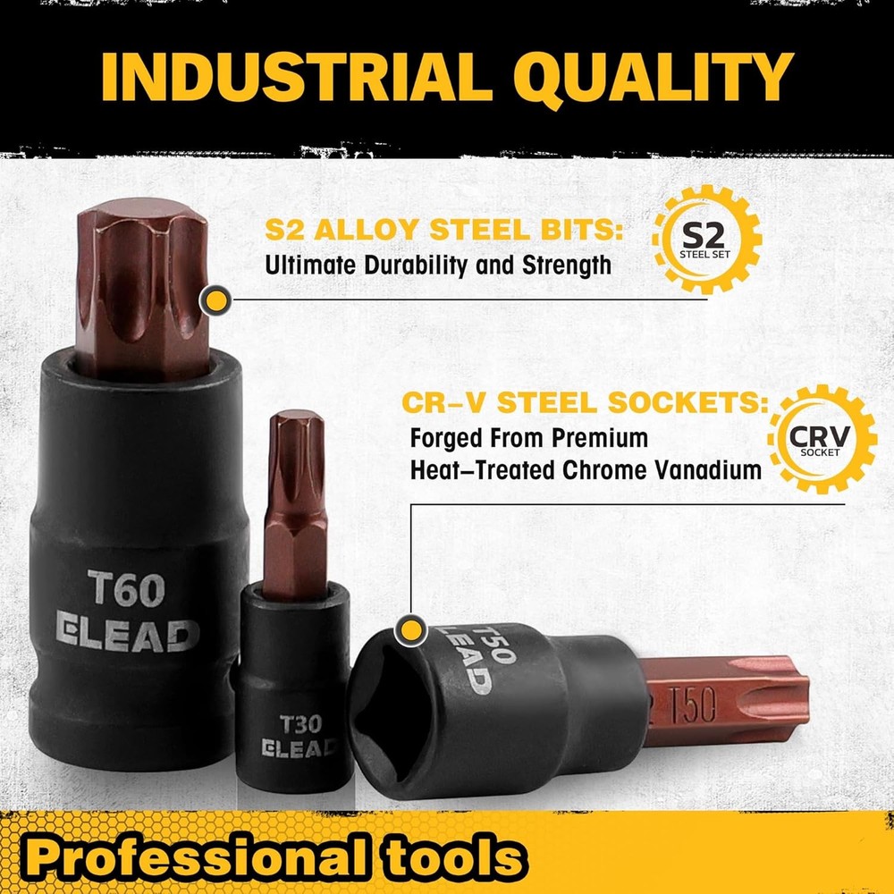31-Piece Torx Bit Socket Set 14 Star Bits T8-T70 & 13 E-Torx Sockets E4-E24