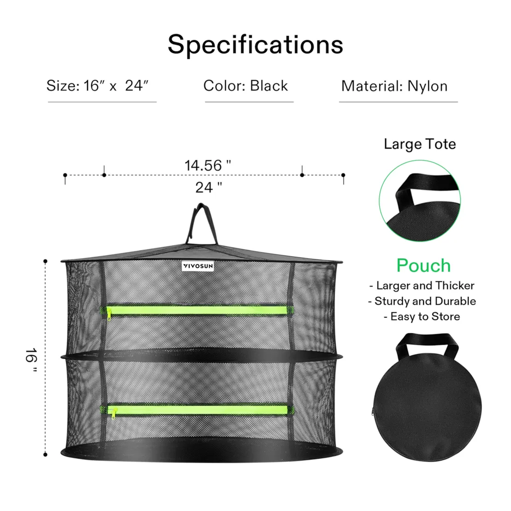 2ft - 2 Layer Hanging Herb Mesh Rack Foldable Drying Net with bag and hook