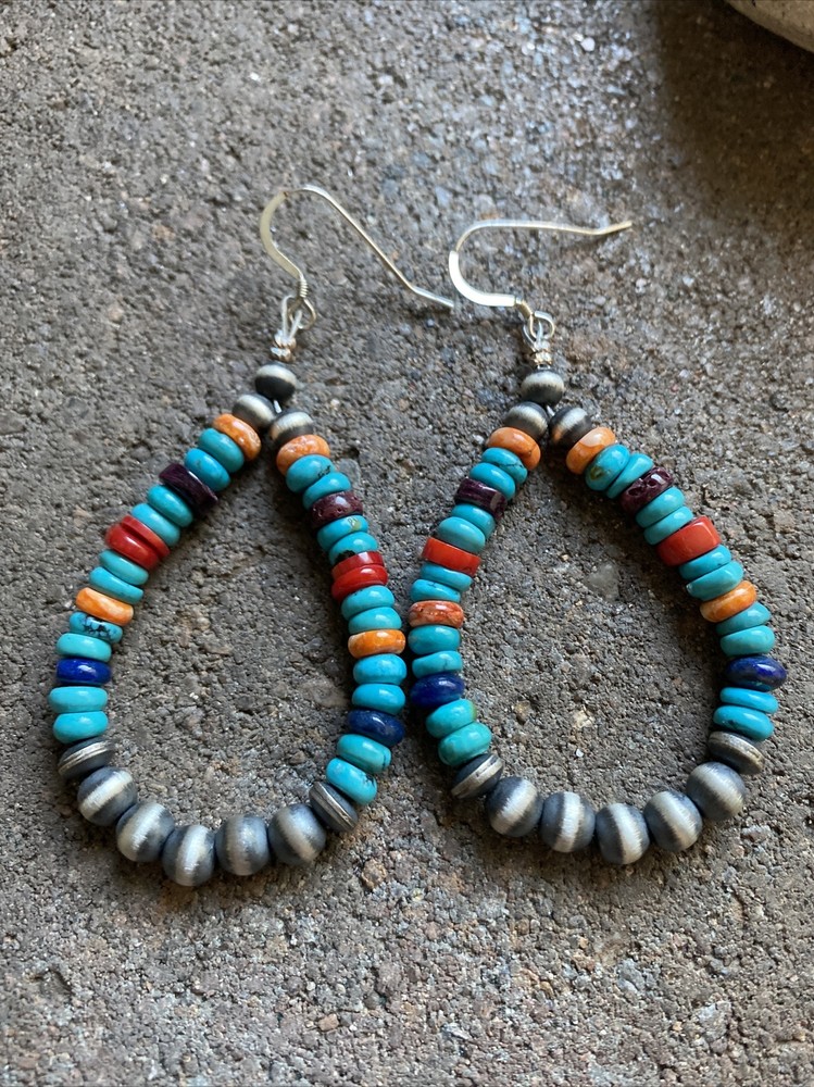 Sterling Silver Multi Stone W Pearls Bead Loop Earrings.