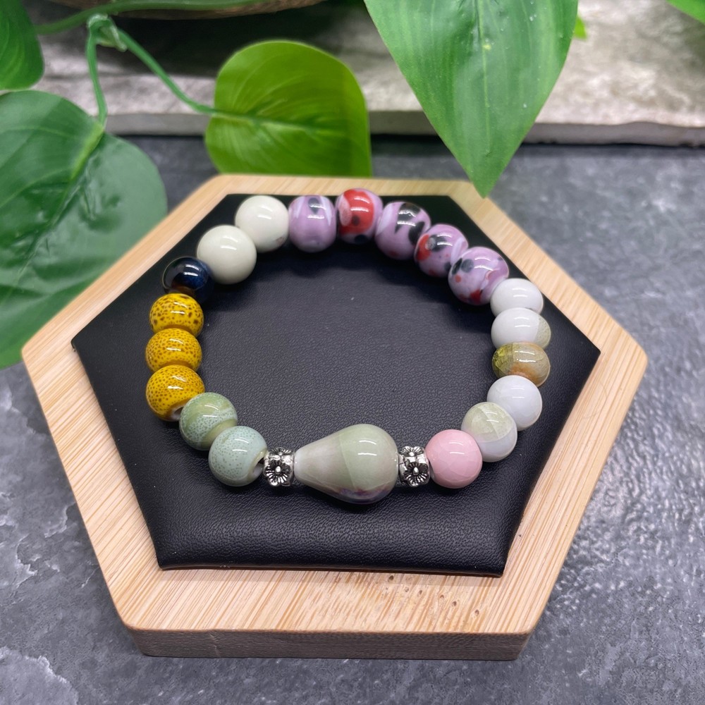 Handmade Ceramic Bead Beaded Stackable 6.25” Plus Stretch Bracelet New B518