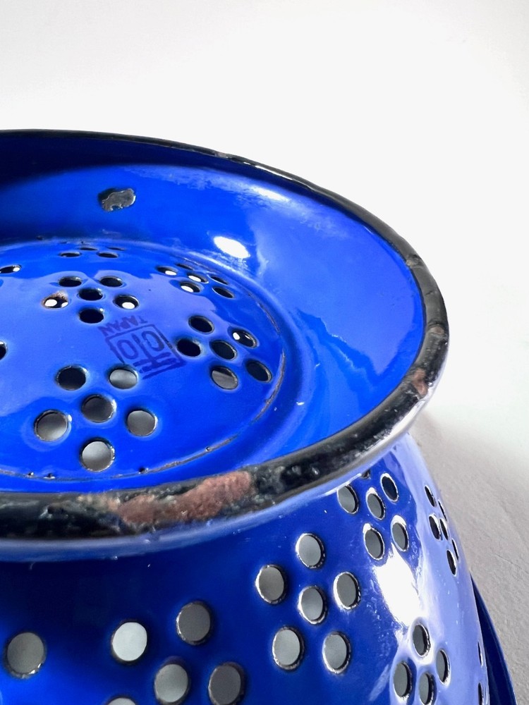 Blue Enameled Colander Japan Vintage Large