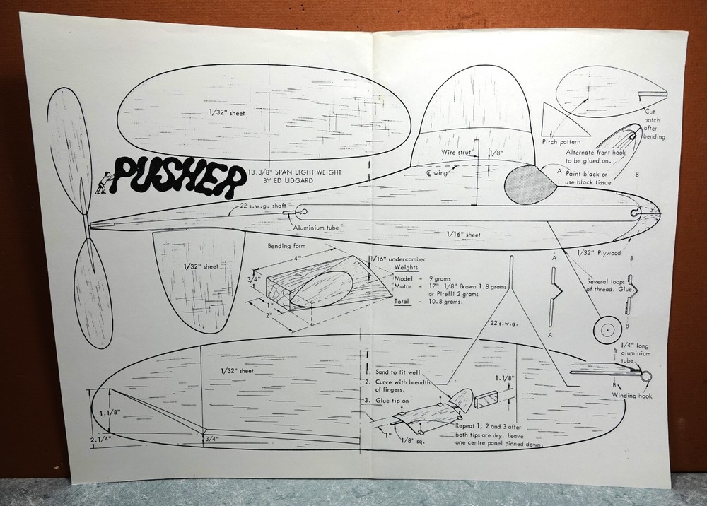 PUSHER BALSA FREE FLIGHT MODEL AIRPLANE PLANS 13" WINGSPAN