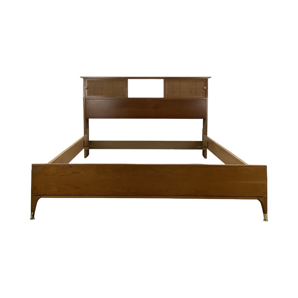 Danish Modern–Inspired Mid-Century Bed with Cane Storage Headboard- Full