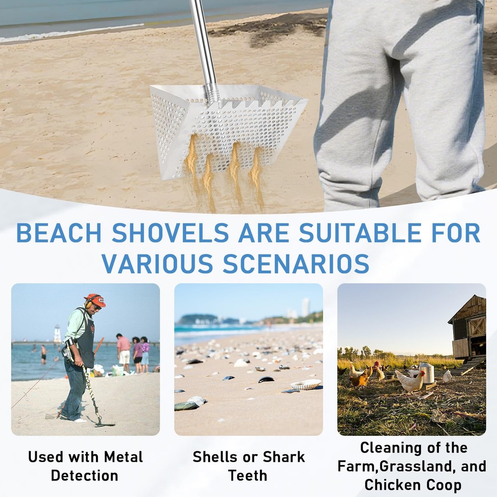 Sand Flea Rake, Long Handle Sifter with 65-Inch Pole - Stainless Silver
