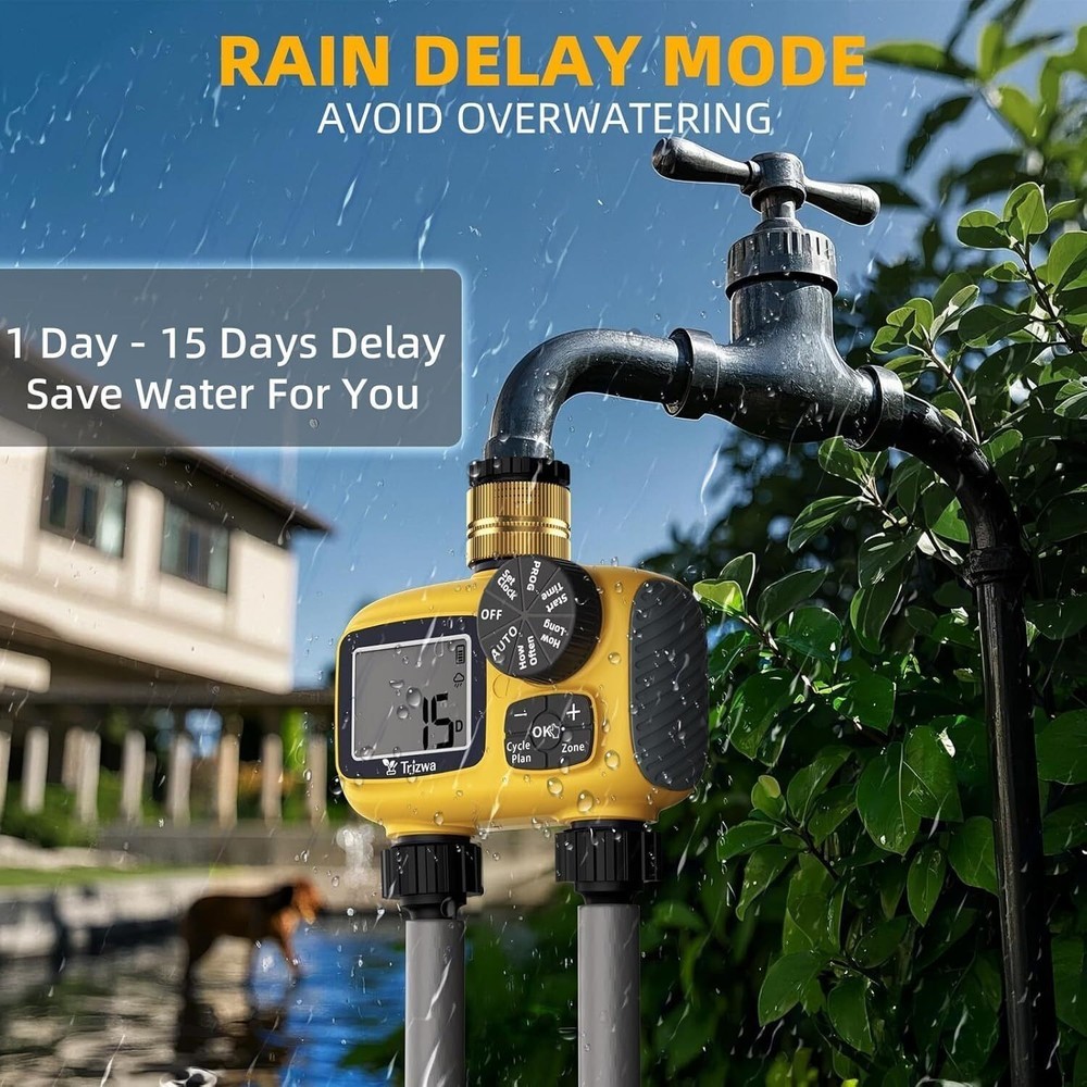 2 Zone Sprinkler Timer Outdoor w/ Brass Swivel Water Timer Automatic Controller