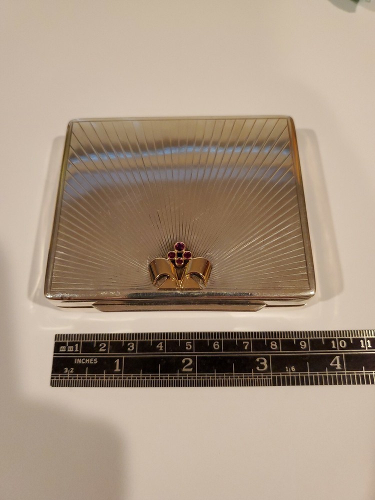 Large Tiffany & Co Sterling Silver/14k and Ruby Compact Or Storage Box + pouch
