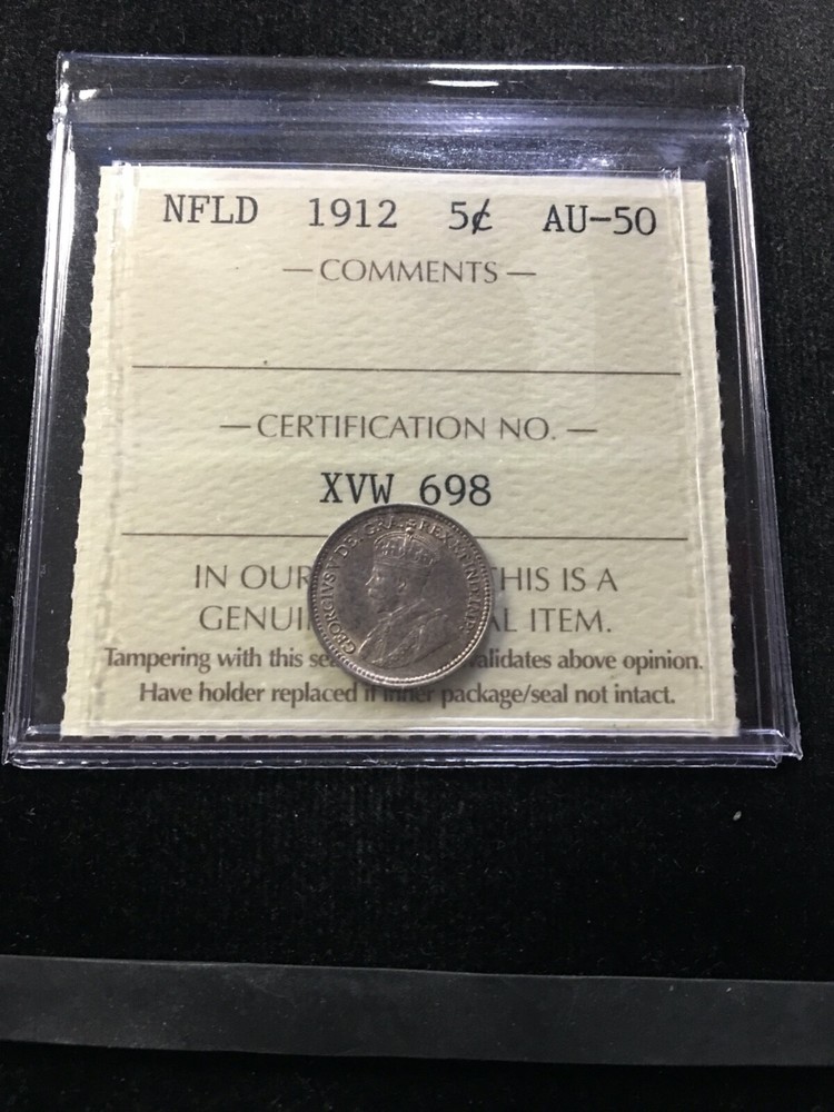 1912  ICCS Graded Newfoundland,  ¢5 Cent, **AU-55**
