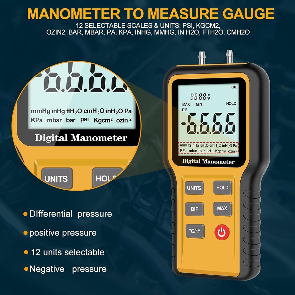 Handheld Digital Manometer - Accurate Gas Pressure Tester with Backlight Display