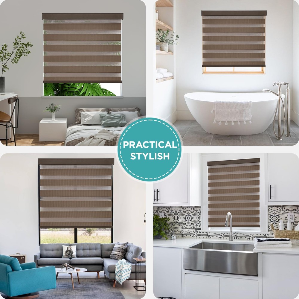 Cordless Zebra Blinds for Windows, Dual Layer Light Control Window Blinds wit...