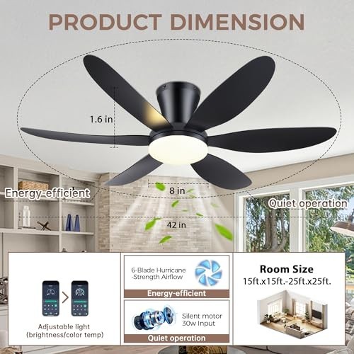 42" Low Profile Ceiling Fan with Light & Remote, Dimmable, Reversible, Noiseless