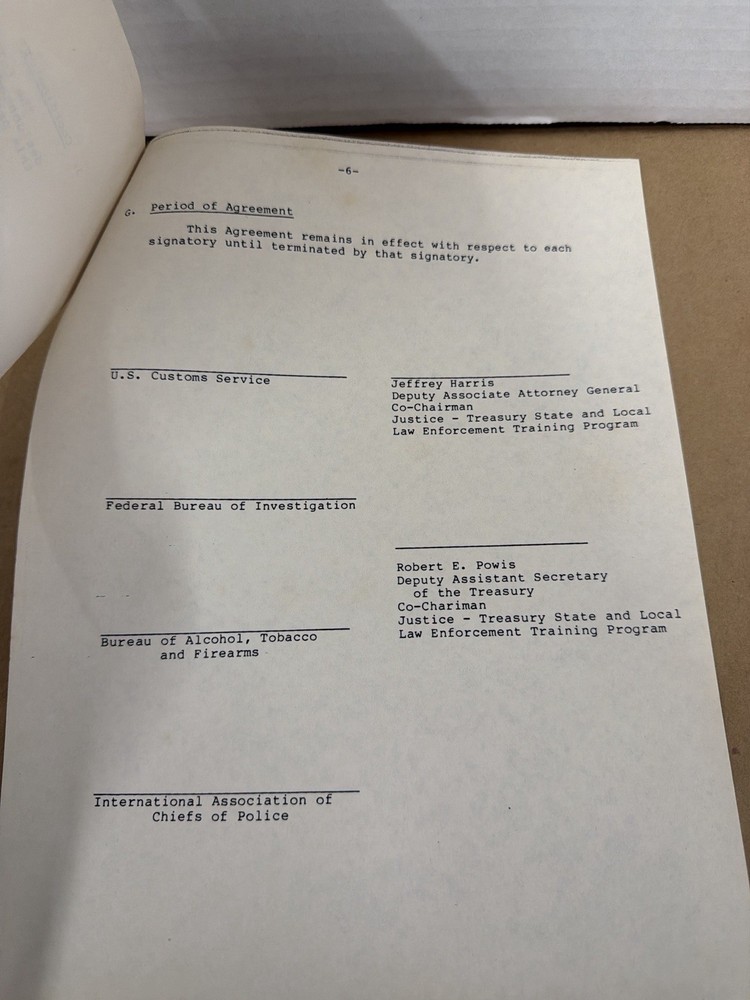 1982 FBI ATF Customs Cargo Theft Training Agreement Draft
