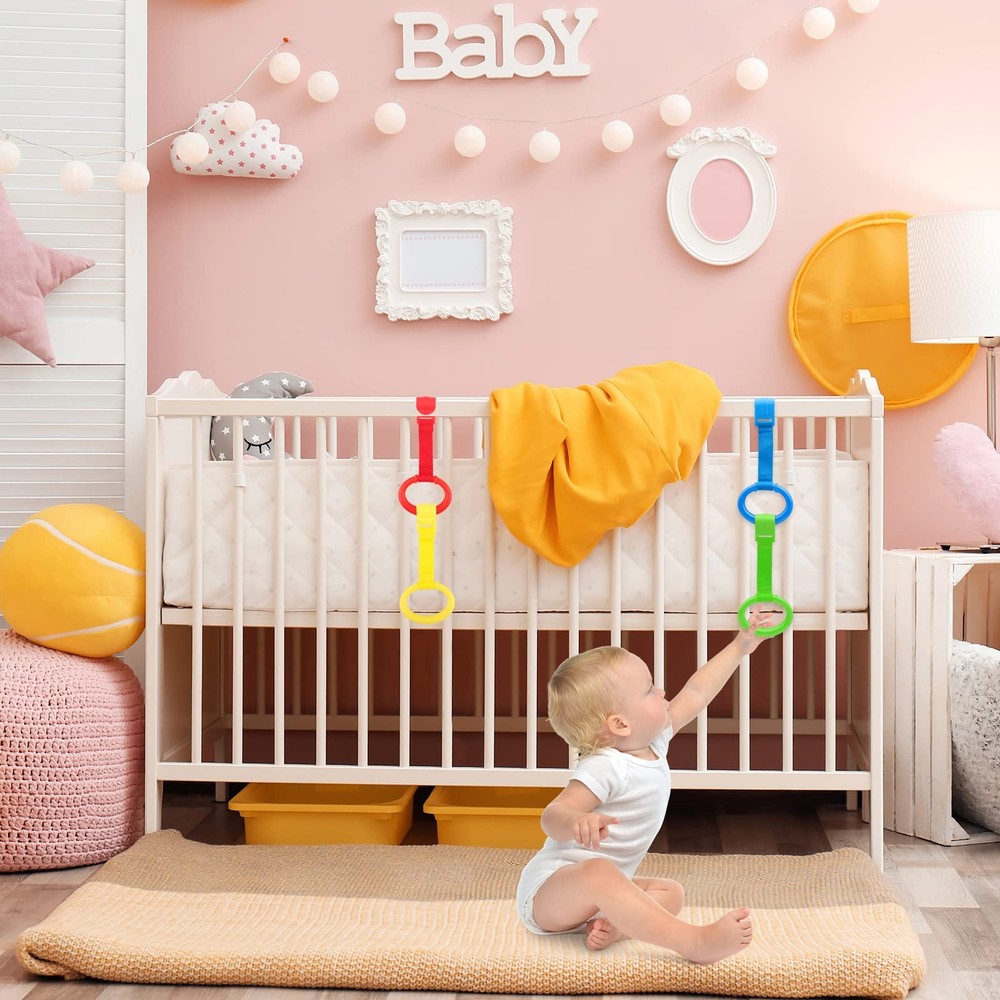 4 PCS Baby Playpen Pull Up Rings, Pull Up Handles Standing Walker Crib Pull R...