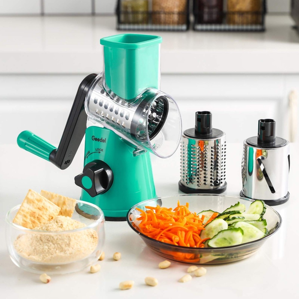 Geedel Rotary Cheese Grater with 3 Interchangeable Blades, Kitchen Mandoline ...