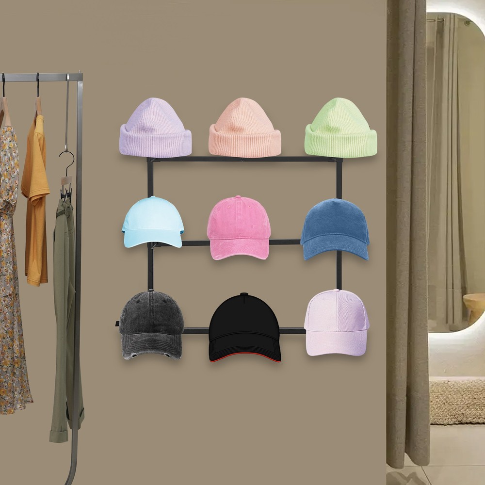 Wall Mount Hat Rack, Hat Storage Hanger, 3-Tier Wall-Mounted Hat Display Rack