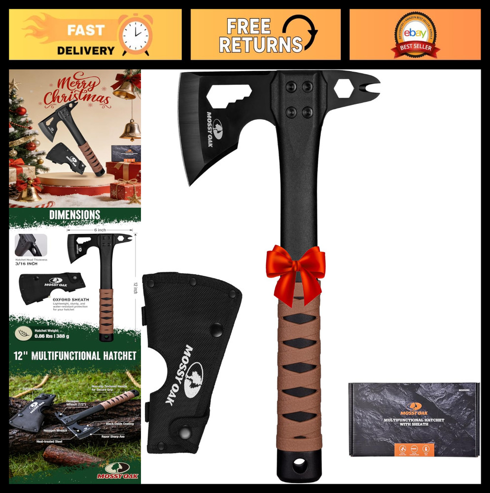 12" Camping Axe & Survival Hatchet with Sheath, Compact Multitool, Non-Slip Hand