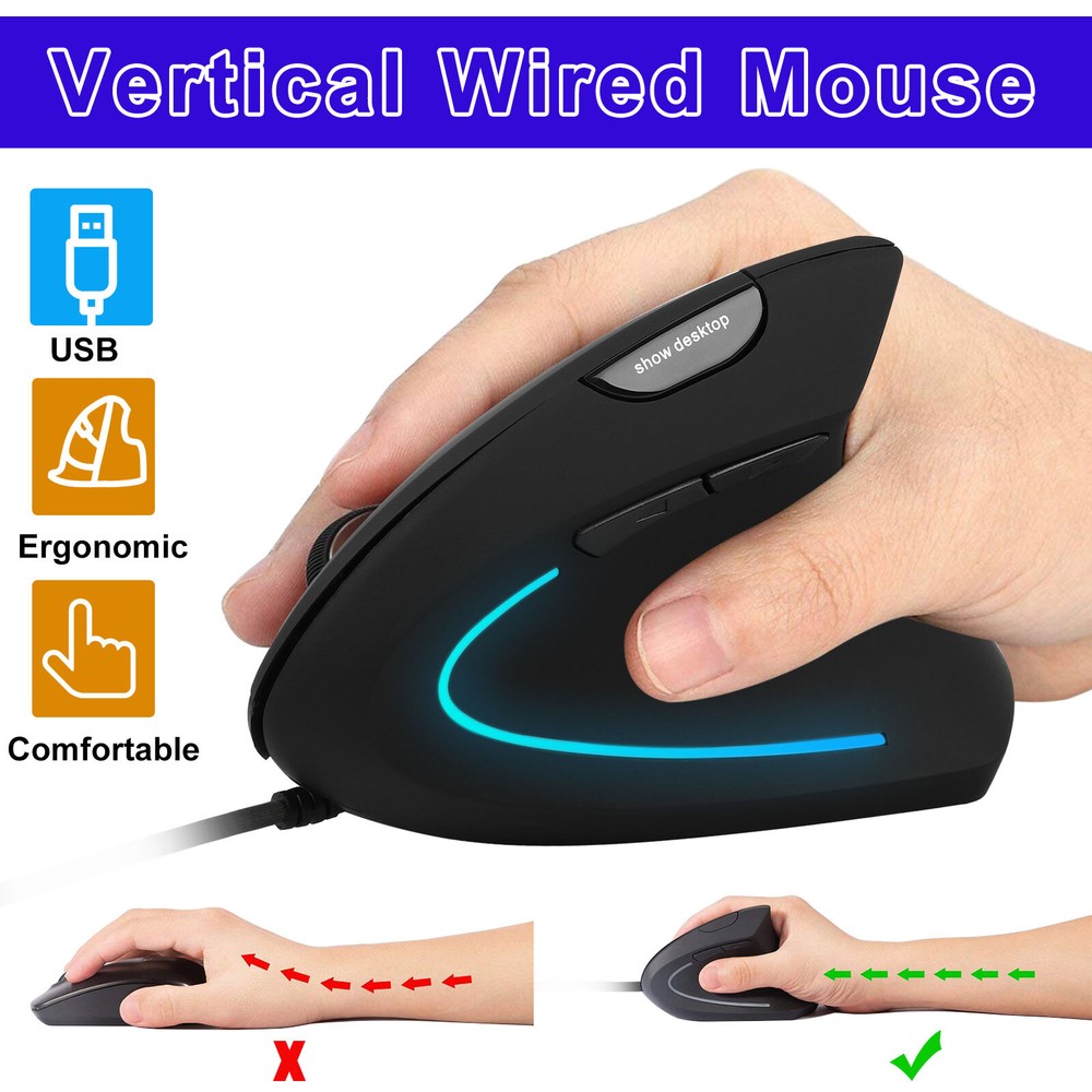 USB Vertical Wired Mouse Ergonomic Gaming Optical Mice 2400 DPI for PC Computer