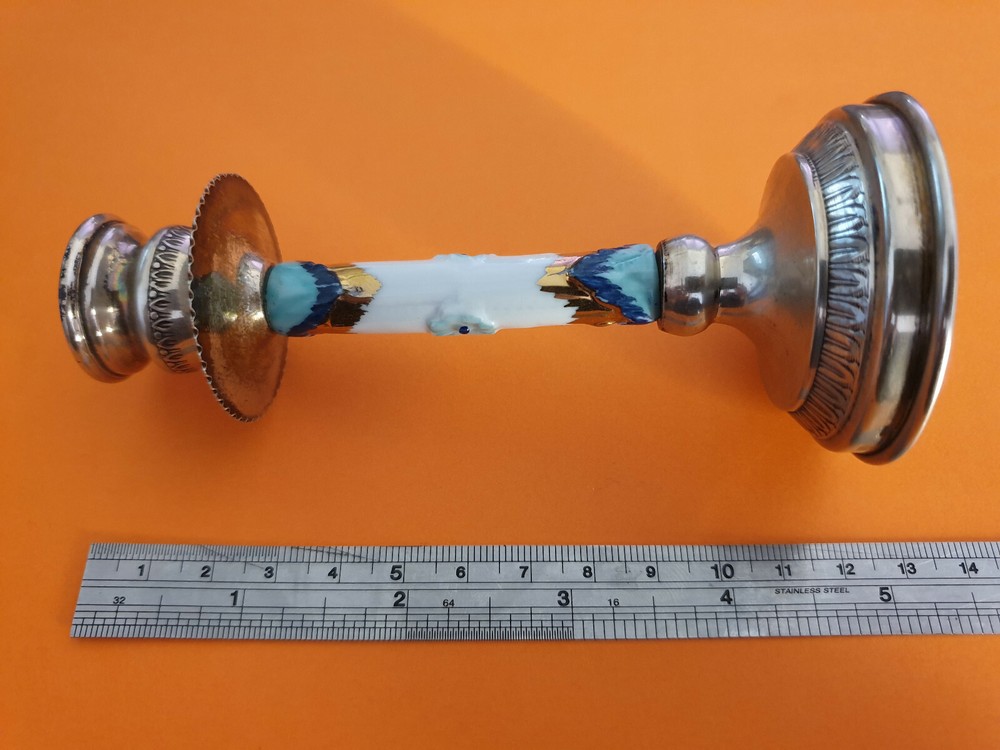 ANTIQUE STERLING SILVER HALLMARKED CANDLESTICK WITH PORCELAIN.