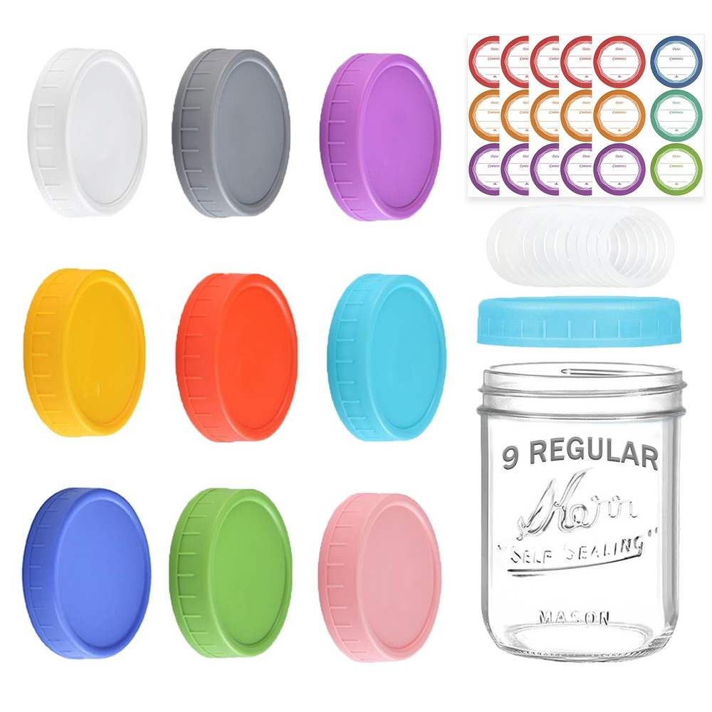 9 Pack Regular Mouth Mason Jar Lids - 70mm Colored Plastic Multicolored