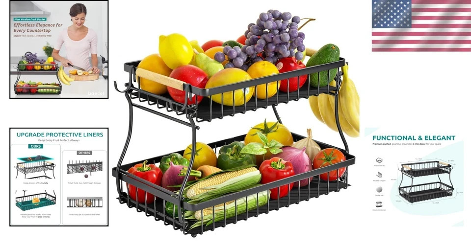 2 Tier Fruit Basket with 4 Banana Hangers, Improved Fruit Bowl for Kitchen Count