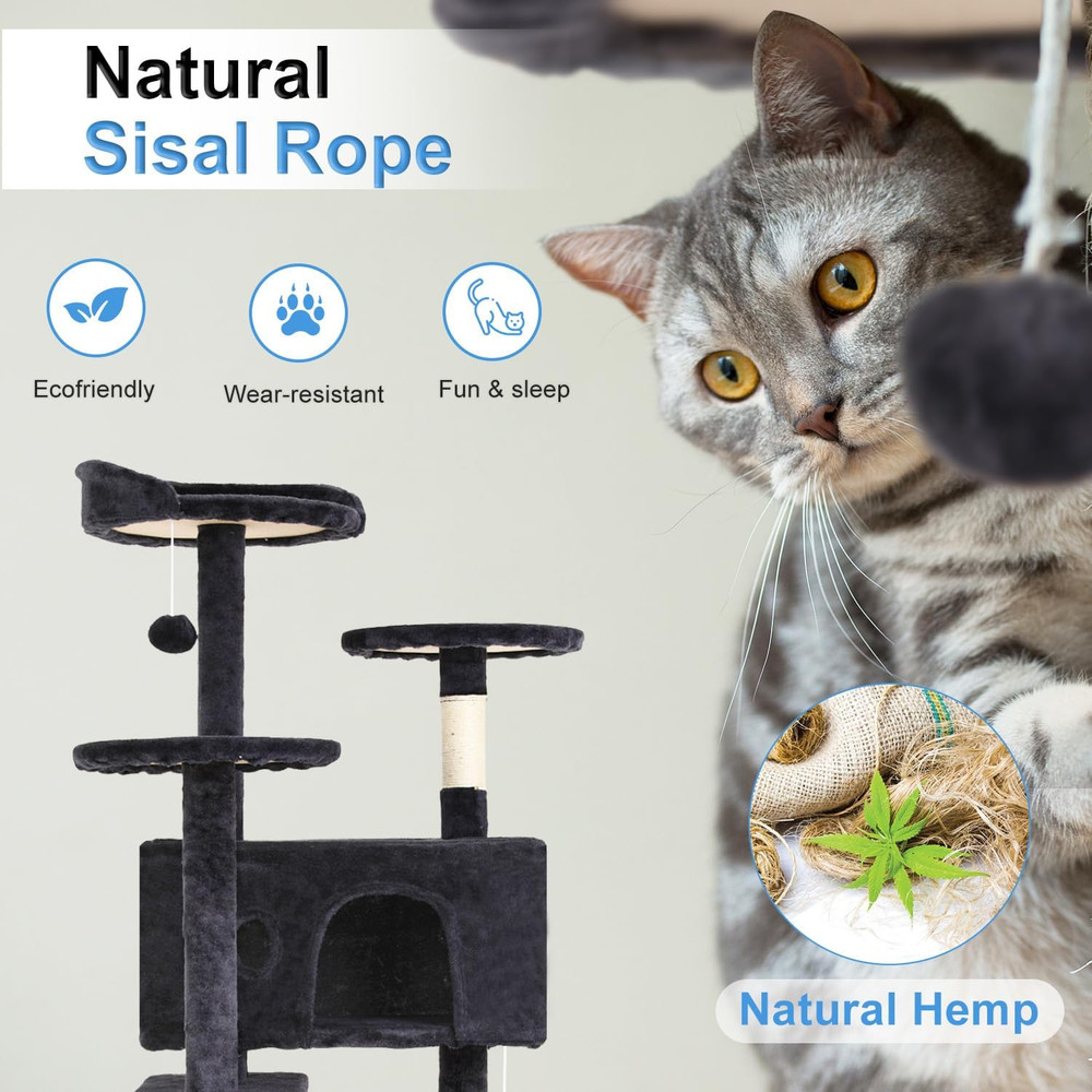54" Dark Gray Cat Tree Tower with Multi-Level Perches and Scratching Posts
