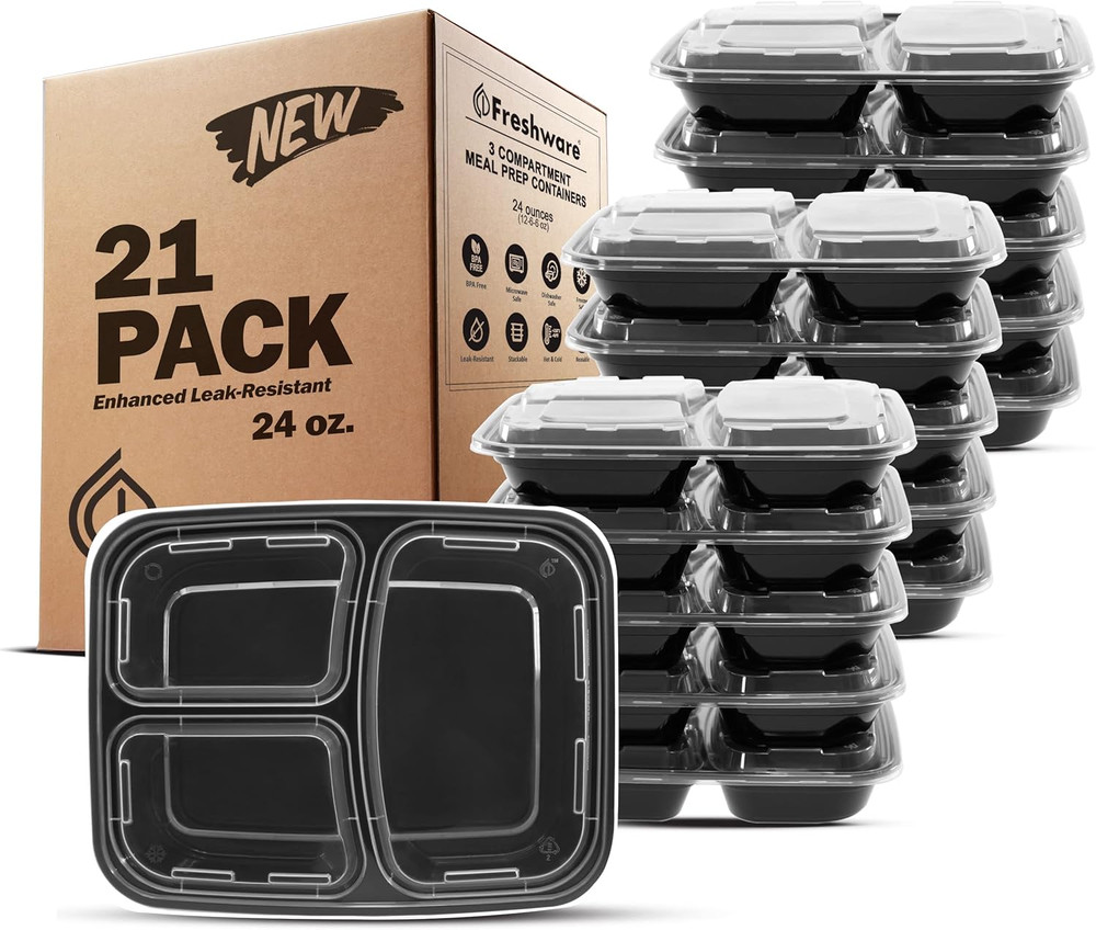 Meal Prep Containers [21 Pack] 3 Compartment with Lids, Storage Containers, Ben