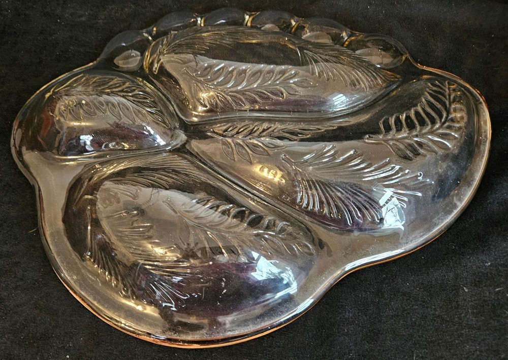 Vintage Divided Serving Tray Deviled Eggs Feather Pattern Clear w/ Gold Trim 17"
