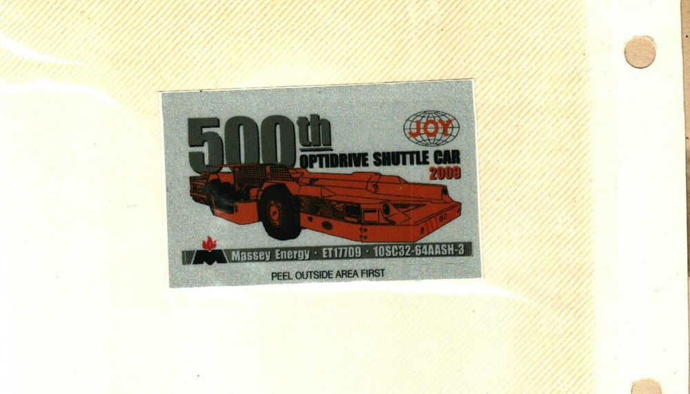 RARE NICE JOY 500TH SCHUTTLE CAR MASSEY COAL CO. COAL MINING STICKER # 477