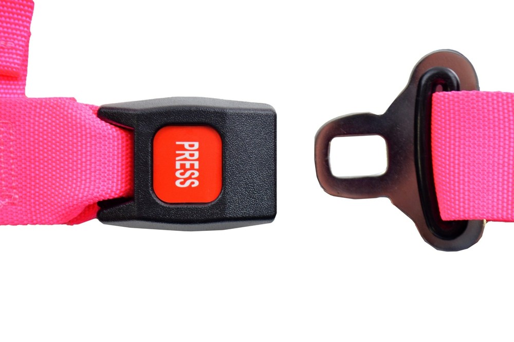 PINK 4 POINT SEAT BELT HARNESS PULL DOWN LAP BELTS ROLL BAR MOUNT PUSH BUTTON