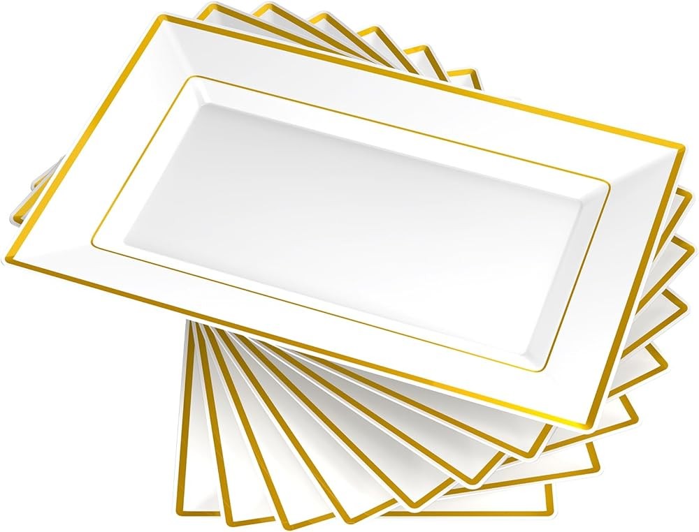Plastic Serving Trays, White and Gold Rim Plastic Serving