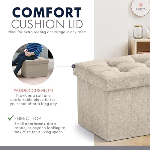 Small Storage Ottoman Foldable Collapsible Rectangle Linen Ottoman 1 Beige