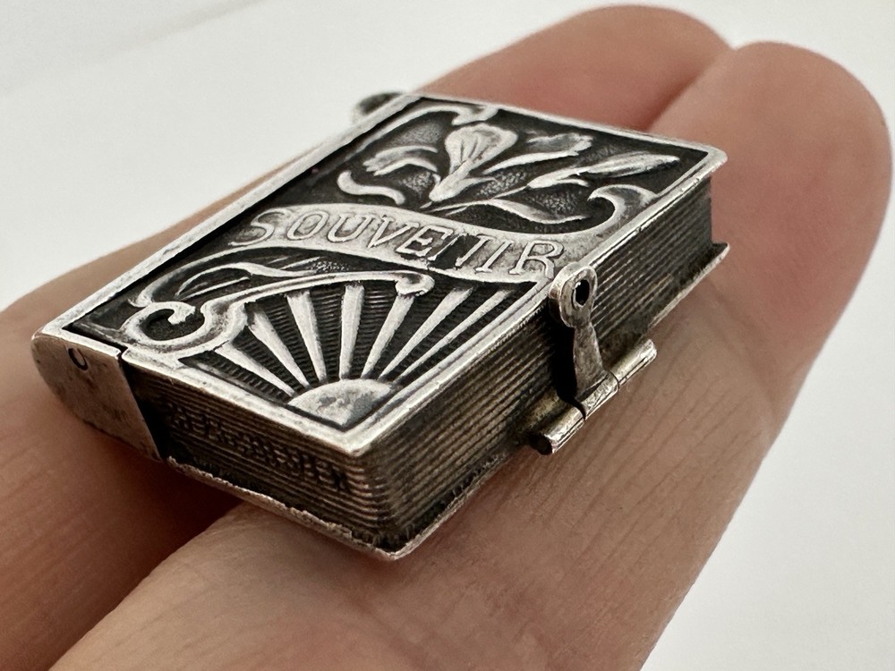 Antique Solid Silver Floral Book Pill Box