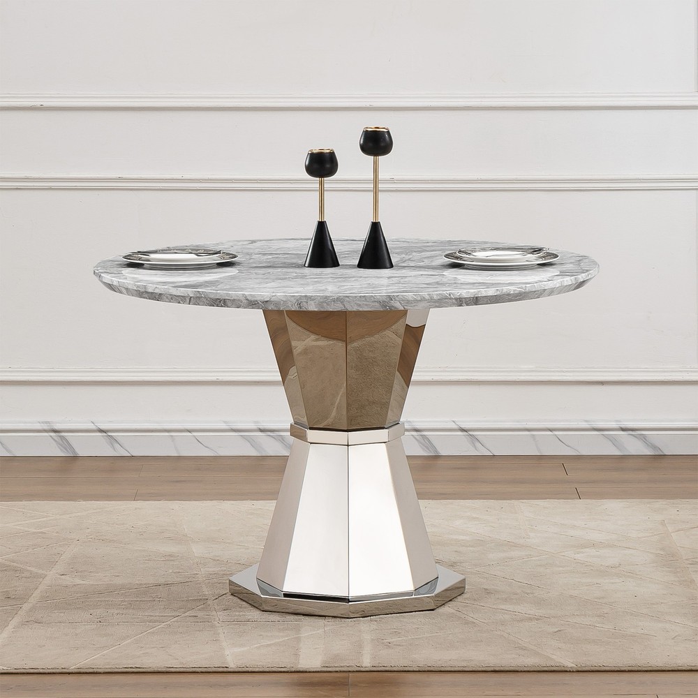 47" Round Marble Dining Table, Modern Kitchen Table with High Gloss Faux Marbl