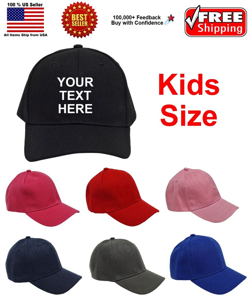 Personalized Text Embroidered Kids Size Baseball Cap, Adjustable Hat Custom Text