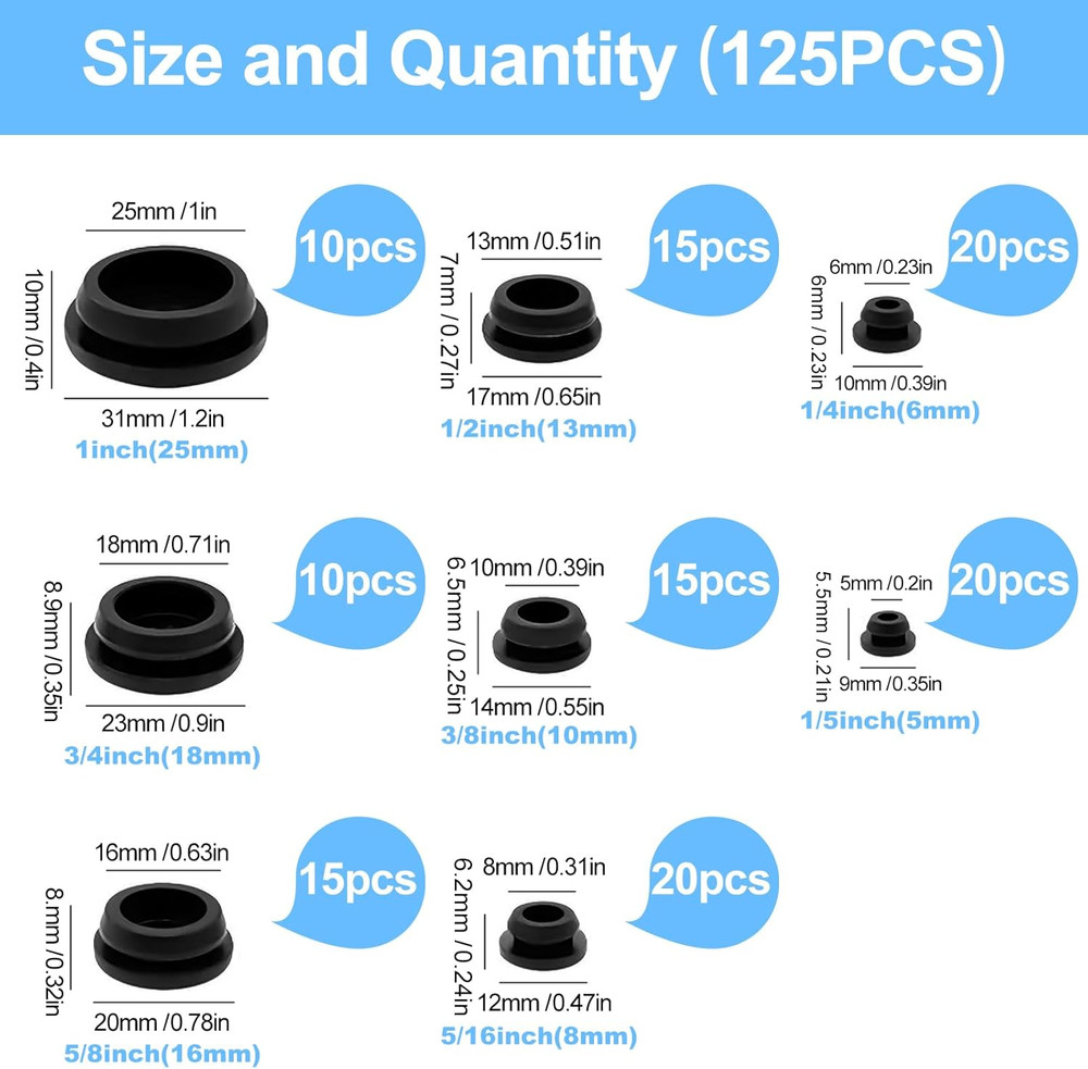 125-Piece Durable Silicone Rubber Hole Plug Kit for Various Sizes