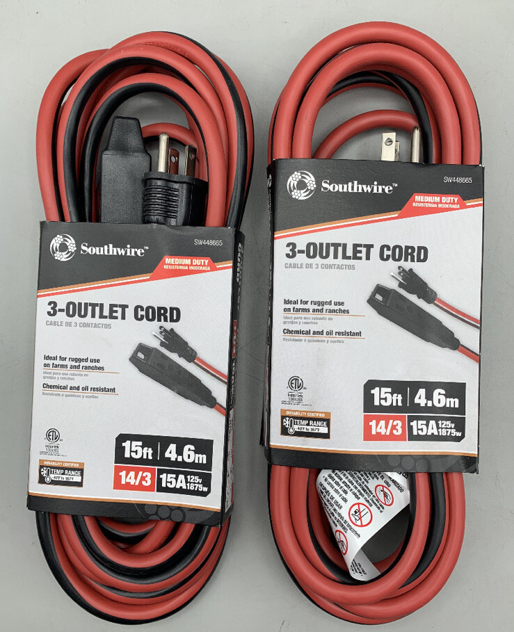 Southwire 3 Outlet Cord 15ft 2 PACK