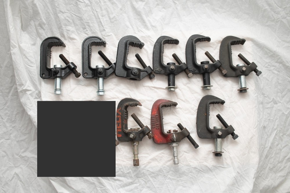 9 Cast Iron Stage C Clamps, Assorted Manufacturers, Assorted Pin Mounts