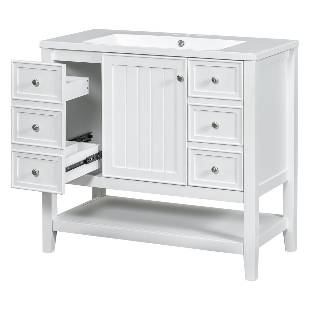 White Bathroom Vanity with 36” Ceramic Sink, Solid Wood & MDF, Ample Storage,