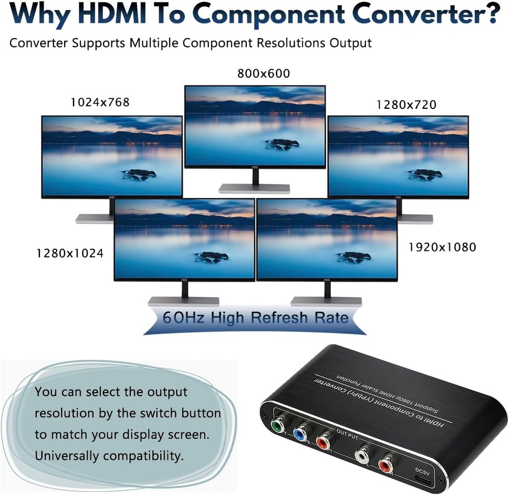 HDMI to Component Converter with Scaler Function, YPbPr 5RCA Black