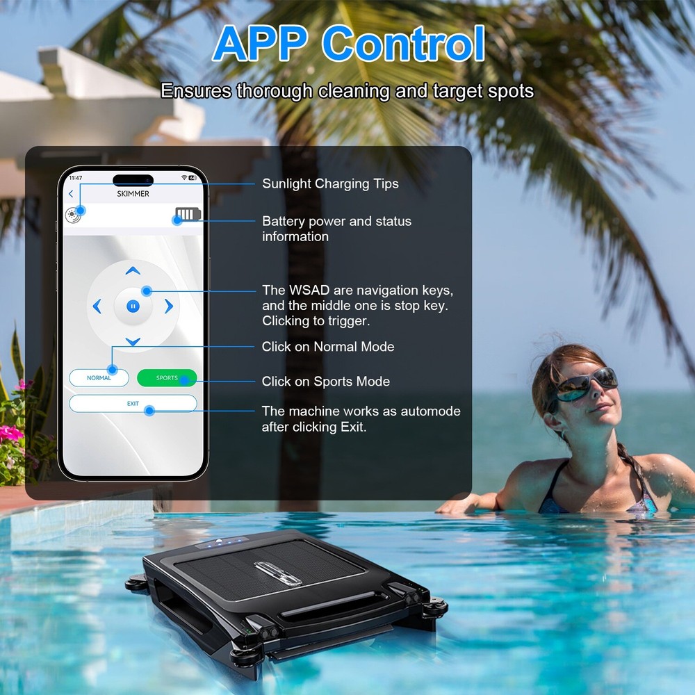 Surfer Robotic Solar Pool Skimmer w/ APP Support, Dual Charging Modes