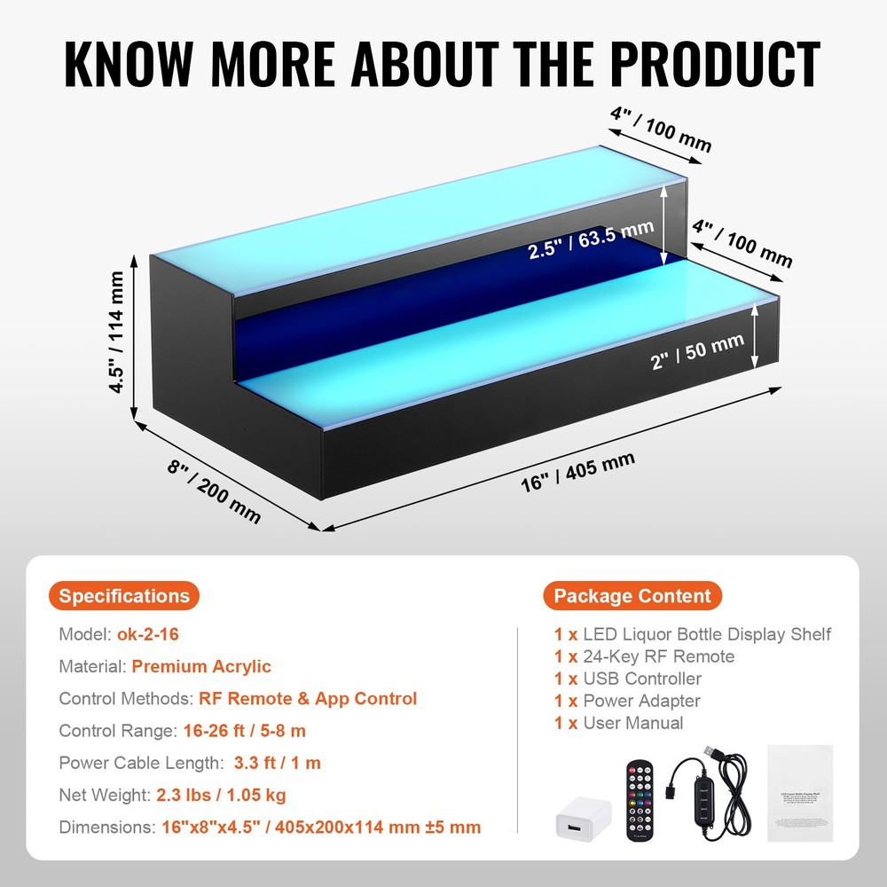 LED Lighted Liquor Bottle Display Shelf, RF & App Control, 16" 2-Steps, Acrylic