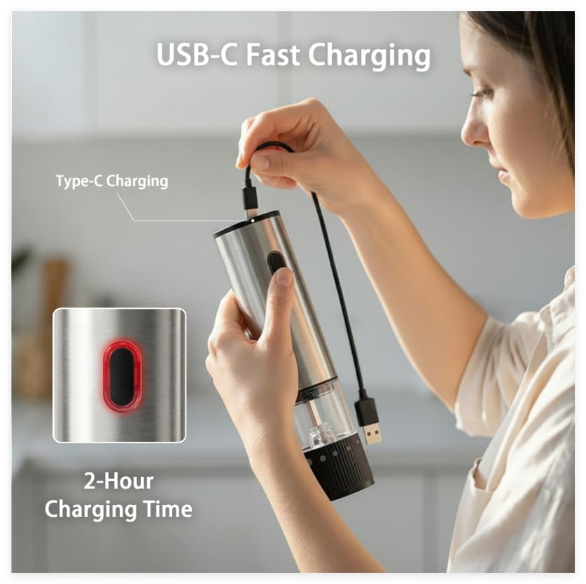 2 Pack Rechargeable Salt and Pepper Grinder Set, USB -Charging Automatic Cord...