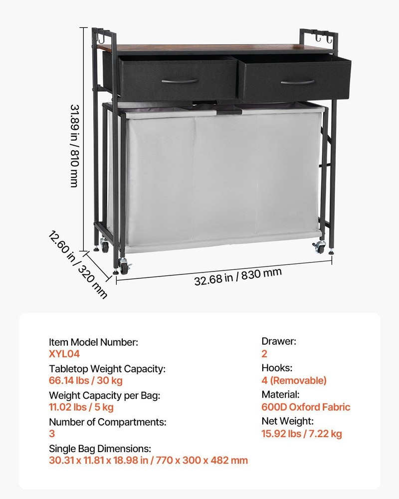 3-Section 29.4Gal Rolling Cabinet with Laundry Bins, Wall-Mount Ready
