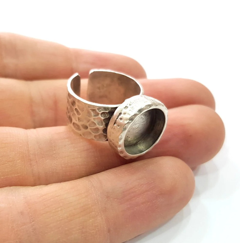 Hammered Ring Blank Setting Base Bezel inlay Backs Cabochon Antique Silver 12mm