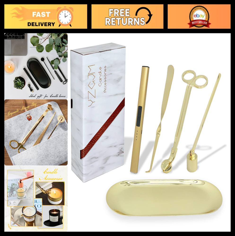 Candle Accessory Kit: Rechargeable Electric Lighter, Wick Trimmer, Snuffer & Tra