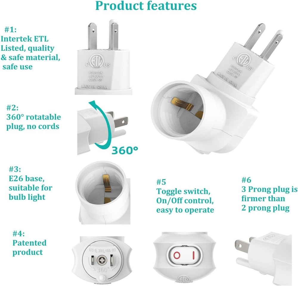 Versatile Light Socket Adapter - 360° Adjustable Plug & Safety Certified, White