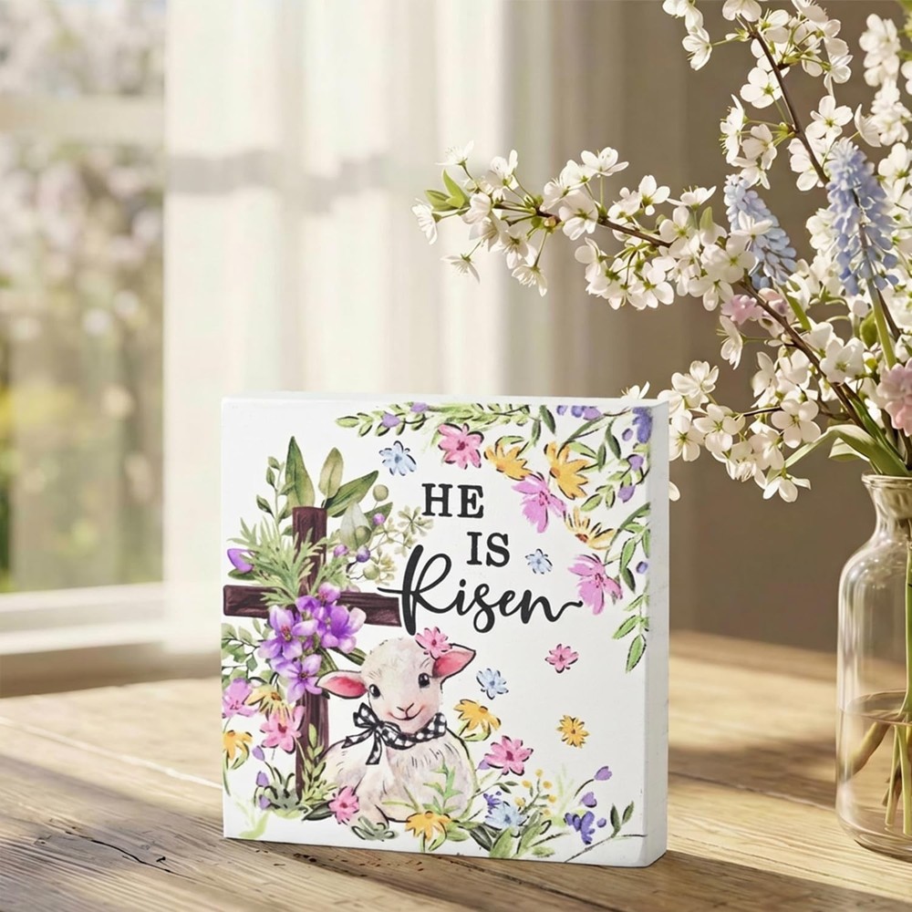Smile Double-Sided Wooden Easter Decor Plaque - "He Is Risen" Religious Easte...