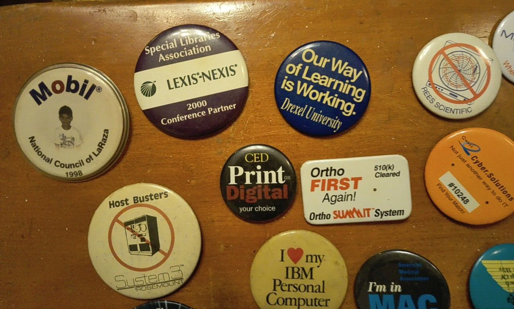 Vintage Early Computer Buttons Pins, Computer Tech Shows Lot