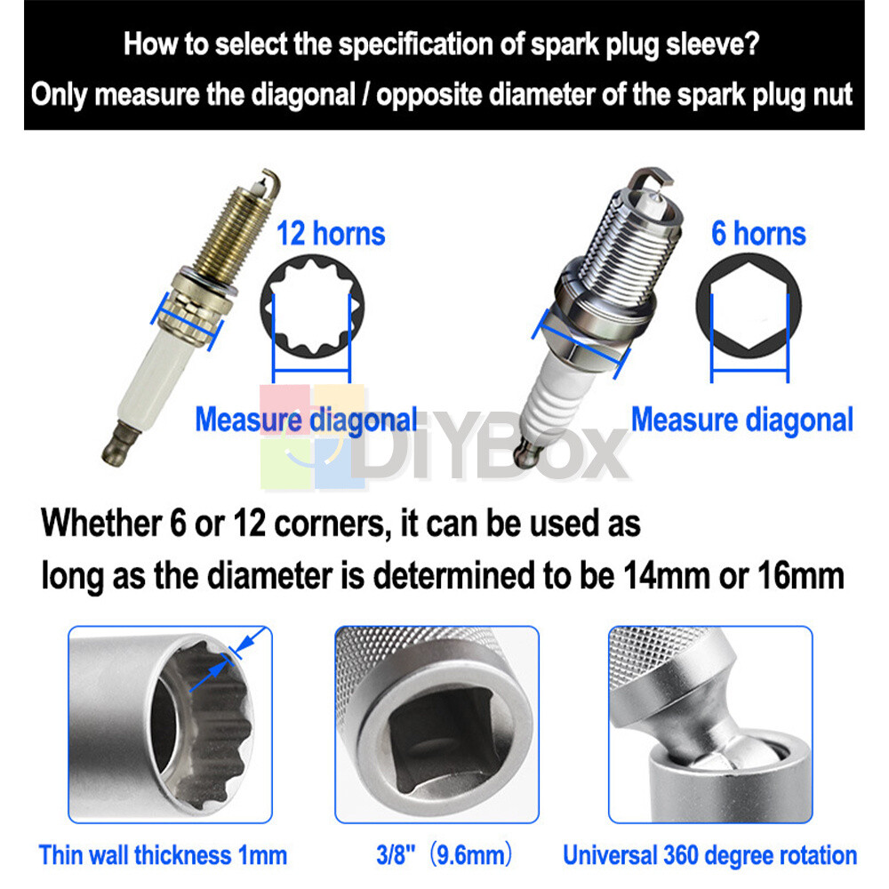 14&16mm 3/8" Drive Thin Walled Magnetic Spark Plug Socket Remover Installer Tool
