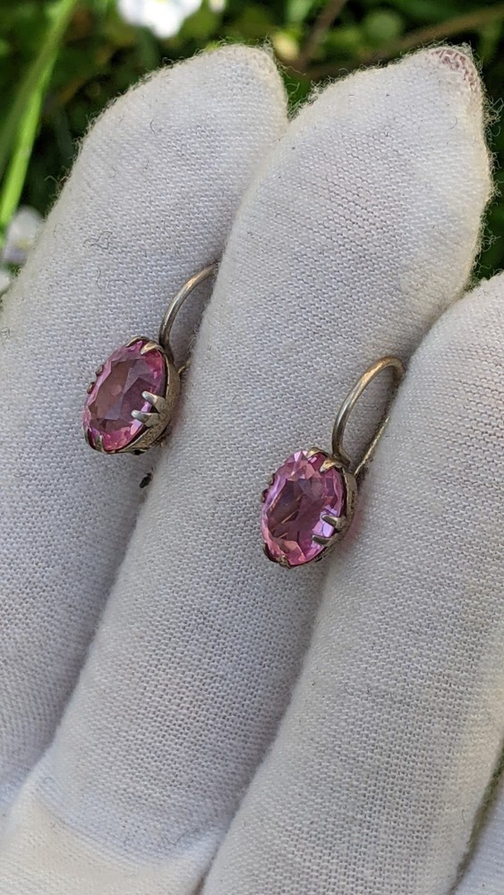 Vintage Soviet 875 Silver Earrings with Pink Ruby Tone Stones
